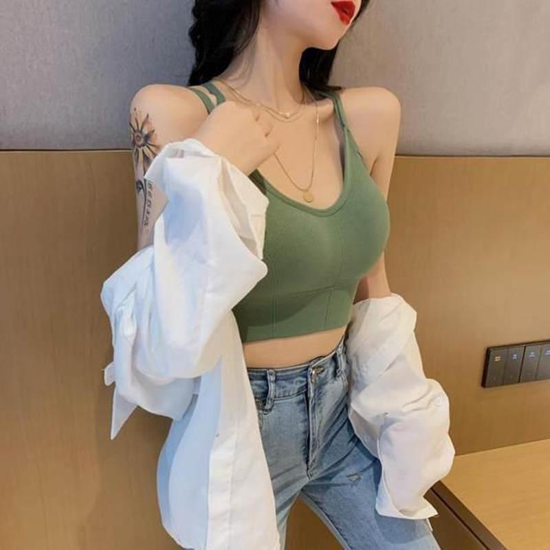 Sweet and Cute Sexy Cross Hollow Thick Cup Beauty Back Smock Student Sports Yoga Fitness Underwear Female Elastic  Camisole Undershirt