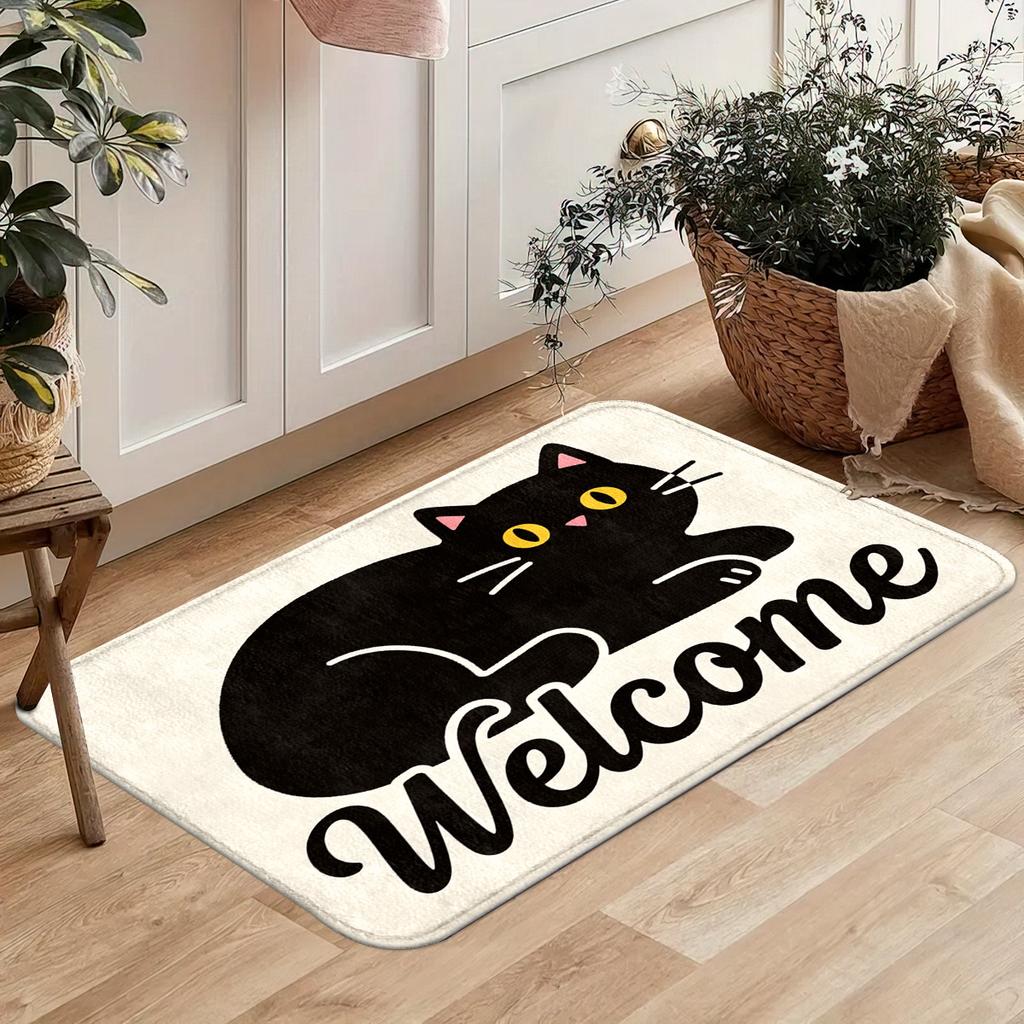Curled Black Cat Welcome Flannel Floor Mat, Door Non-slip Foot Mat, Entrance Atmosphere Decorative Carpet