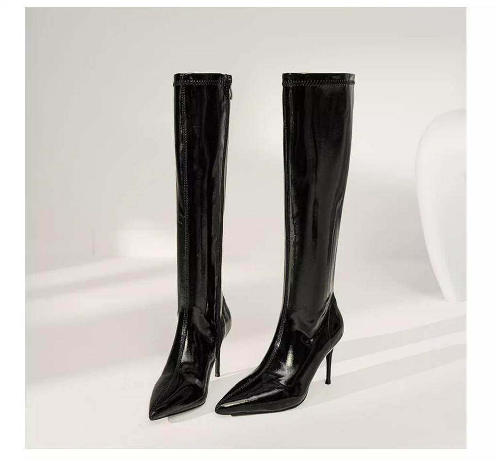 Patent Leather Black Knee-High Long Boots for Women Pointed Toe Thin High Heel Women's Modern Boots Sexy Bottes Femmes Size35-40