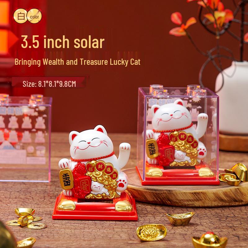 335 New Small Solar Waving Lucky Cat Ornament for Cake, Home, or Car Decoration