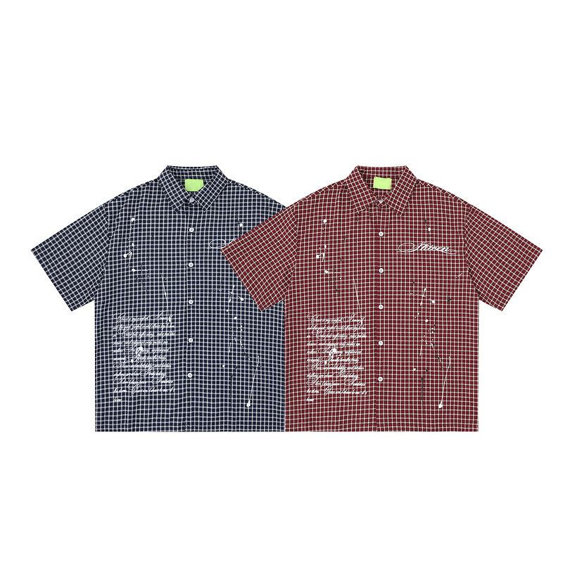 Foreign Trade Original Summer New American Vintage Plaid Short-Sleeve Shirt, Loose Collegiate Style Royal Blue Top for Men and Women