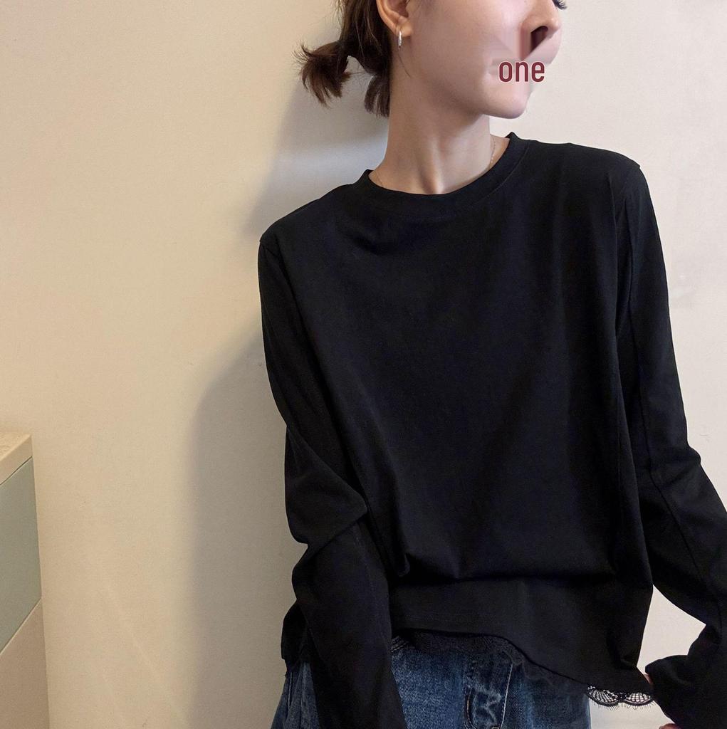 Korean Style Women's Black Round Neck Long Sleeve T-shirt - Simple Casual Base Layer for Spring/Autumn 2025