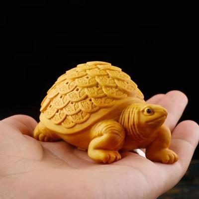 Money Turtle Lucky Turtle Wooden Statue Wood Sculpture Chinese Wood Carving Miniature Small Tortoise Yellow