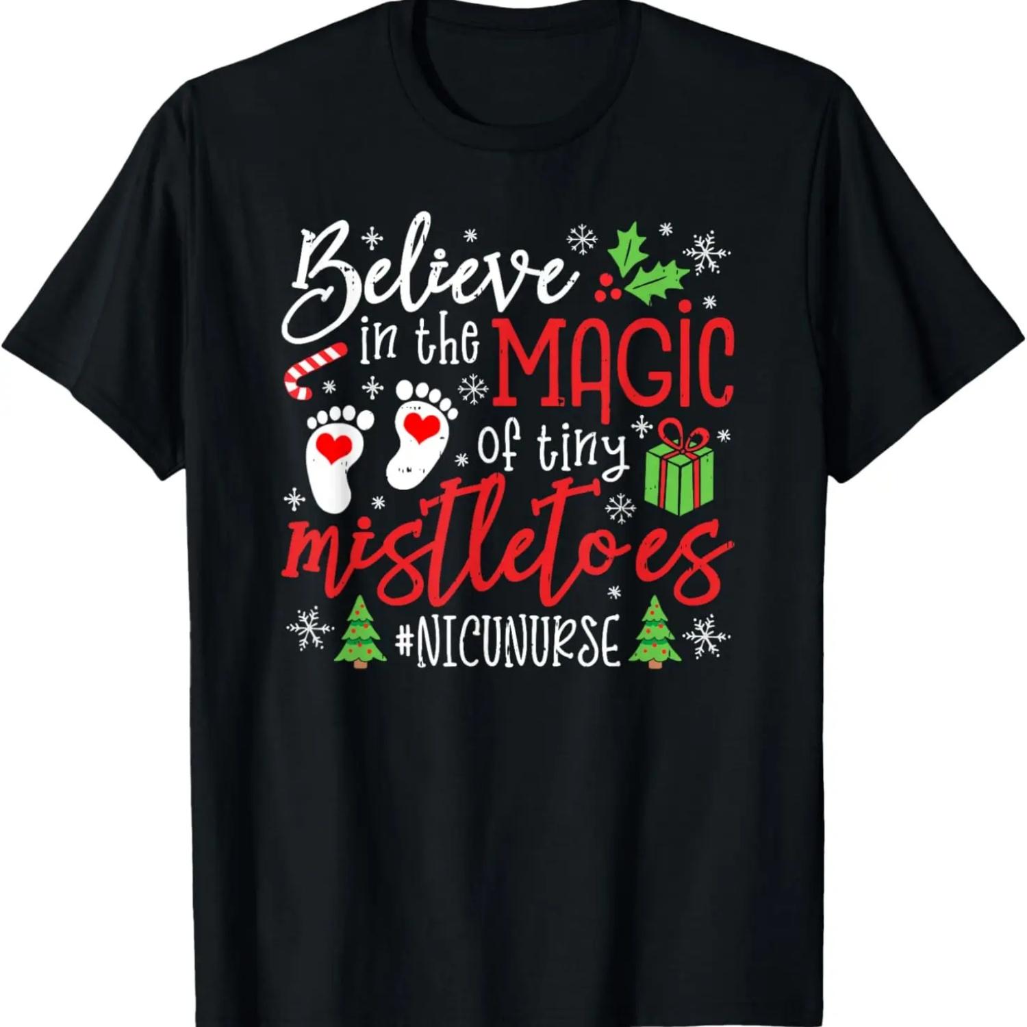 NICU Nurse Believin Magic Of Tiny Mistletoe Christmas T-Shirt S чёрный