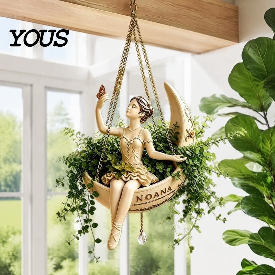 Space Saving Plant Display Ballet Dancer Hanging Planter, Ballerina Sitting on Crescent Pot, Decorative Indoor Outdoor Holder Resin Flower Pot
