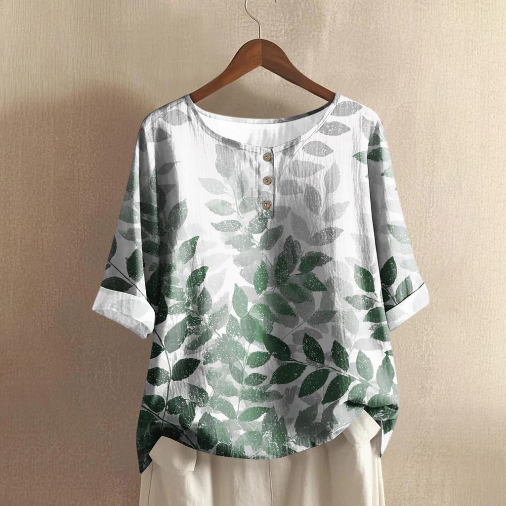 Women's Fashionable And Casual Shirt Half-sleeve Round Neck Print Cotton And Linen Blouse Top
