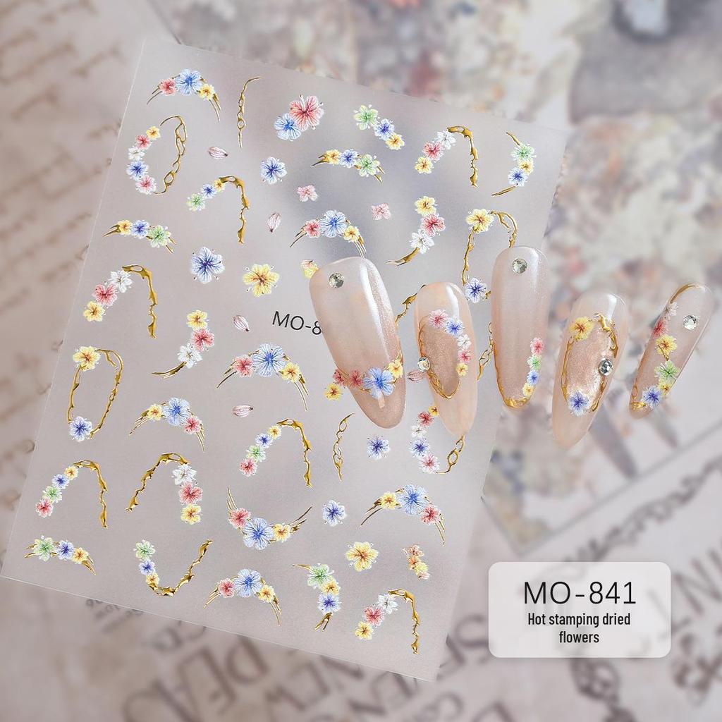 3D Gilded Dried Flower Nail Art Stickers - Retro Light Luxury with Gold Line