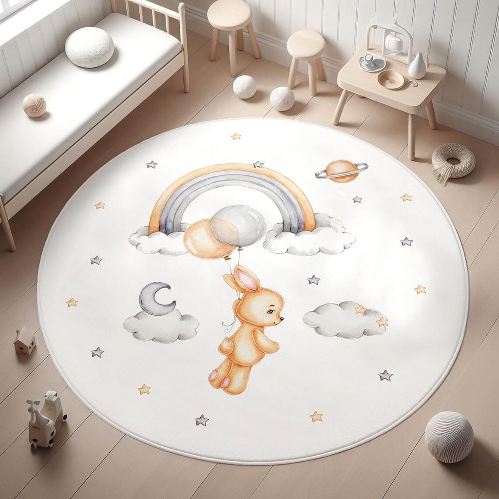 Roztomilý kulatý koberec s potiskem králíčka pro dětský pokoj Protiskluzový omyvatelný koberec pro domácí obývací pokoj Kulatá podložka na podlahu