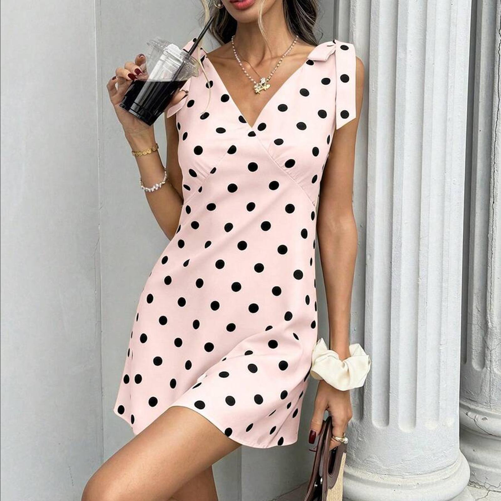 

Women V Neck Polka Dot High Waist Tie Dress Sleeveless Above Knee Casual Fit A Line Dress for Daily or Holiday Wear XL розовый