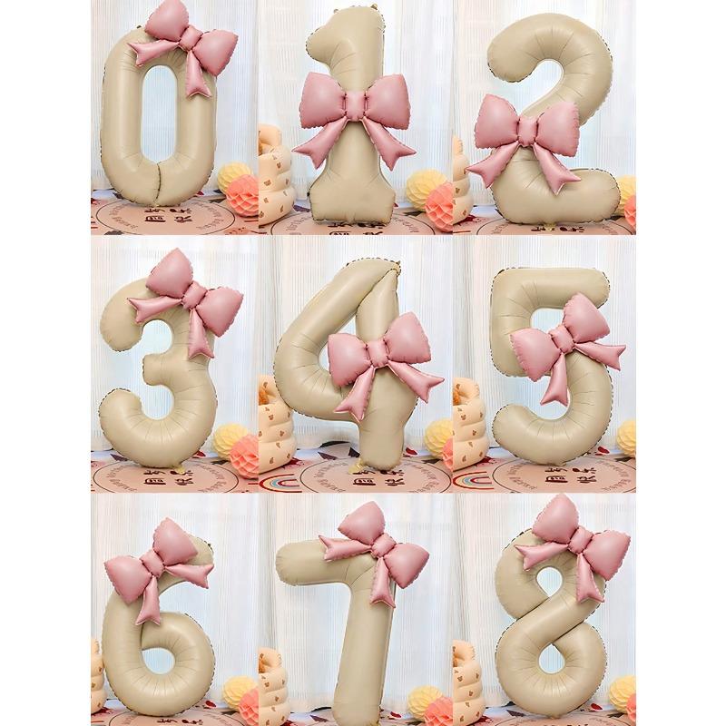 Extra Large Cream White Number Foil Balloons With Pink Bow, Suitable For Birthday Party Decoration, Anniversary Celebration
