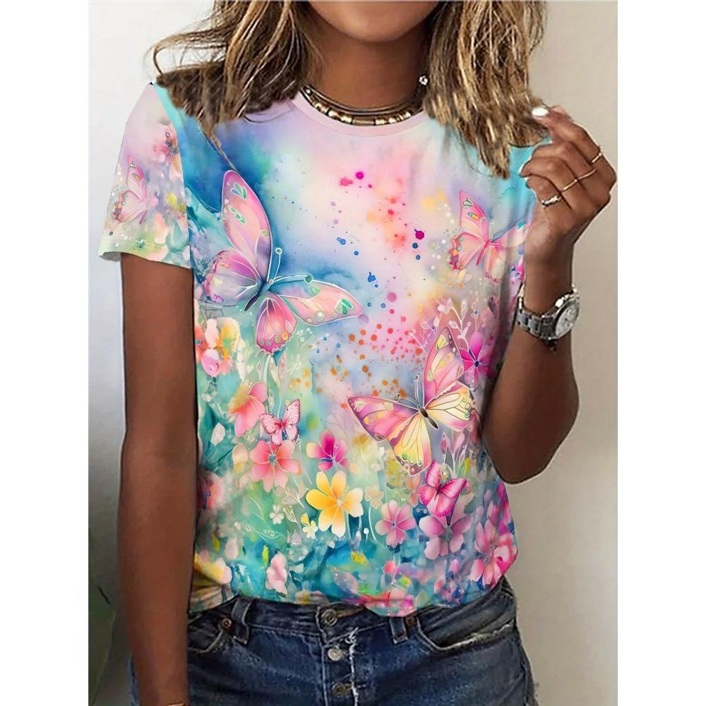 

Women s Tee - Pink Butterfly & Floral Watercolor Graphic T-Shirts, Soft Dreamy Garden Design for Casual Daily Wear S