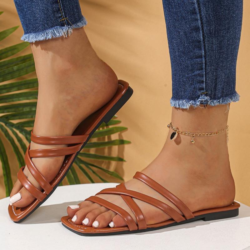 

Fashion Plus Size Flat Slippers Women s Outside Wear Summer New Square Toe Open Toe Slim Strap Super Soft One-Line Lightweight Slipper 43 коричневый