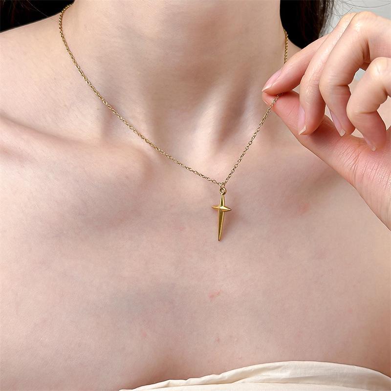 Stainless Steel Layered Necklace with Simple Four-pointed Star and Cross Pendant