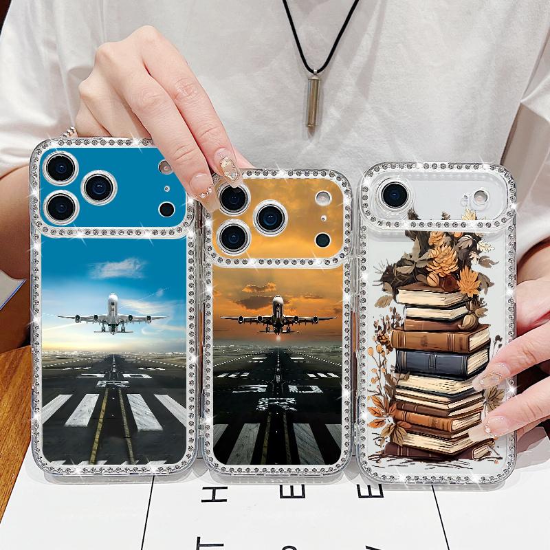 Aircraft Pattern Bling Diamond TPU Case For iPhone 17 Air 16e 16 14 15 13 17 Pro Max 15 16 Plus 17 Shockproof Soft Silicone Phone Cover