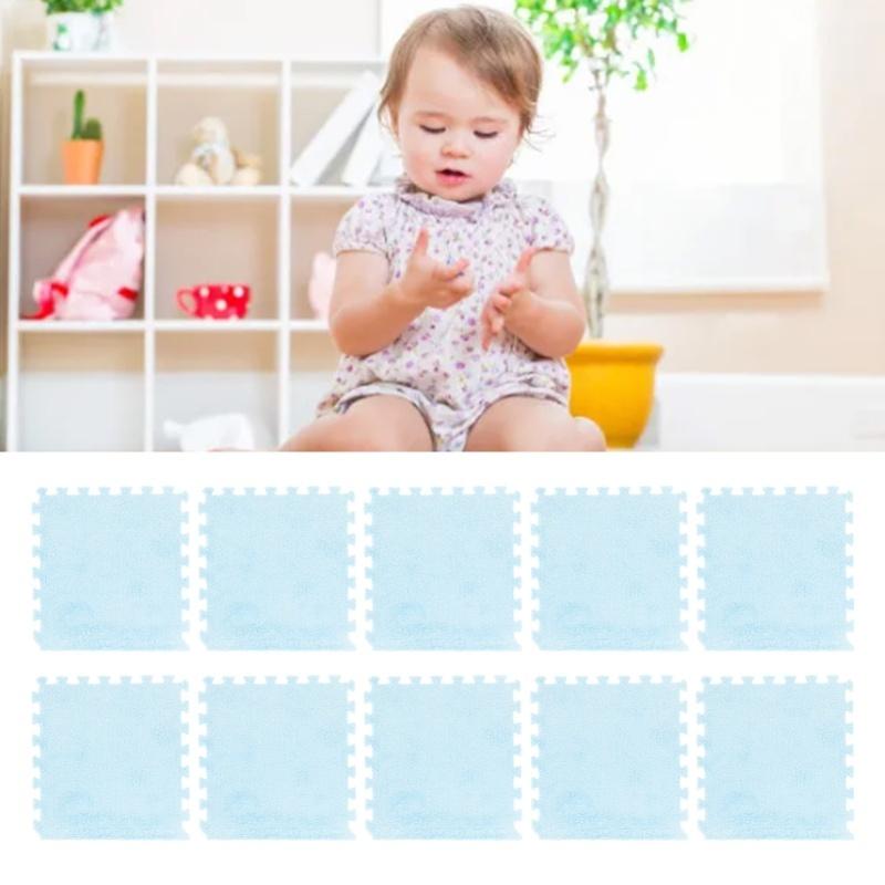 10pcs Plush Foam Floor Mat Prevent Slip Cuttable Thickened Interlocking Carpet Tiles For Bedroom Light Blue