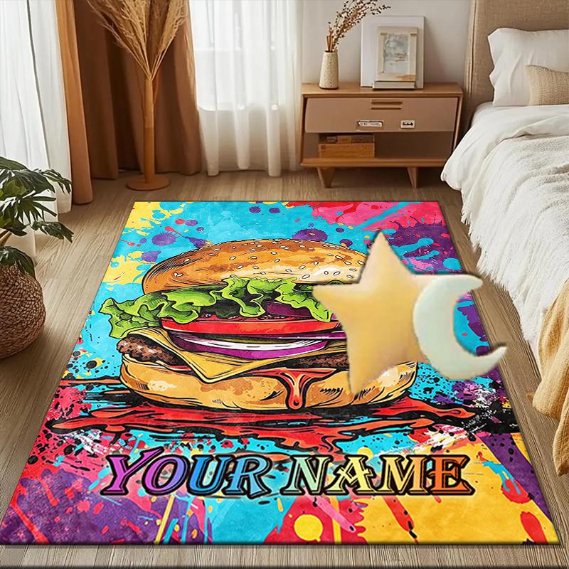 1PC Custom Name Colorful Burger Artwork Theme Floor Mat Ideal for Living Room, Game Rooms, Office, Bedroom, Floor Mat Playful Design