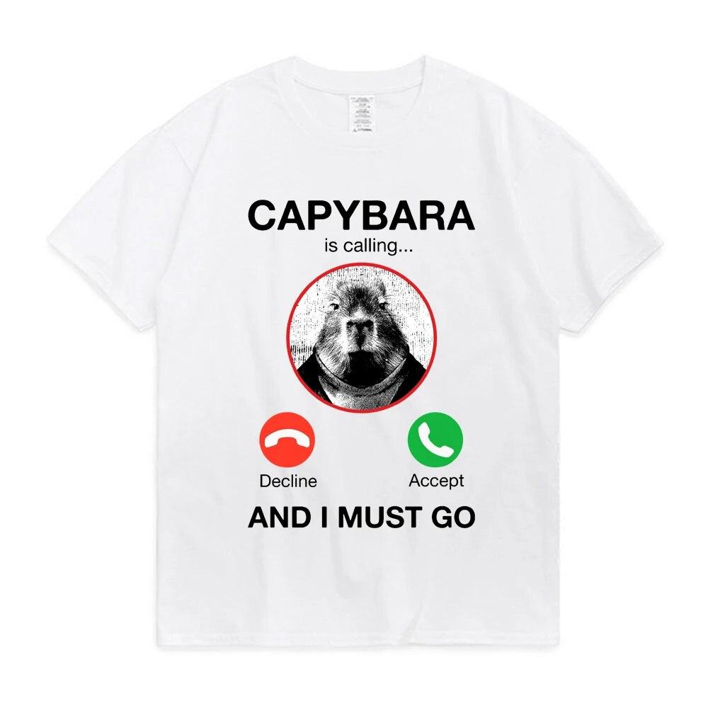 Capybara Is Calling and I Must Go T Shirt Phone Graphic T-shirts Unisex Women Clothing 100% Cotton Short Sleeves Oversized Tees