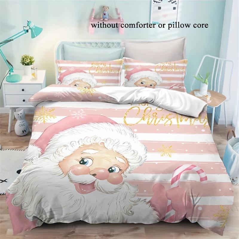 

Christmas Santa Claus Duvet Cover Set - Cute Pink And White Stripe Bedding With Golden Merry Christmas Print - Soft Polyester Duvet Cover Set&EU Single(135x200cm)
