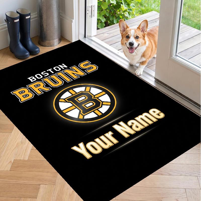 Custom Name Boston Bruins Crystal Velvet Floor Rug Personalized Text Soft Carpet Home Decor