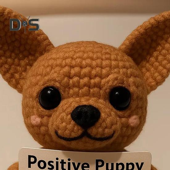 Păpușă Cățel Croșetată Cățel de Sprijin Emoțional Handmade cu Card Inspirațional Ornament Pozitiv Mini Câine Croșetat Cadou pentru Încurajare