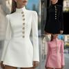 Rochie Elegantă Slim Fit Culoare Solidă Mânecă Scurtă Guler Înalt cu Un Nasture - Sezon Nou de Toamnă