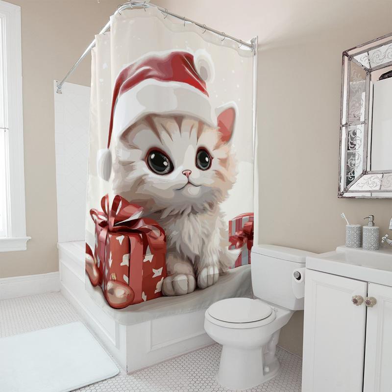 Tuniu Cute Kitten Christmas Bathroom Shower Curtain Festive Holiday Decor Fun Pet Lover Gift Set
