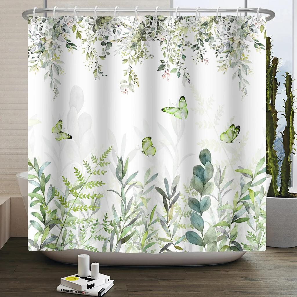 Watercolor Green Leaf Shower Curtain for Bathroom Vines Plant Nordic Minimalist Polyester Botanic Curtain for Home Hotel 180x240