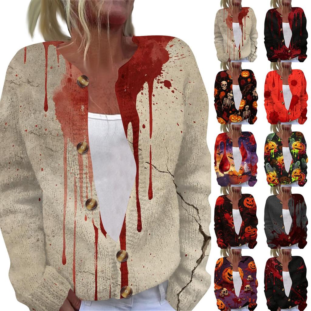 Women's Long Sleeve Knit Cardigan Button Front Sweater Halloween Themed Print Casual Lightweight Outerwear for Seasonal Wear