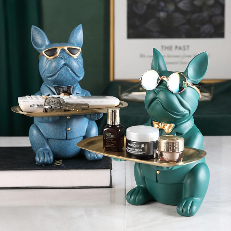 Nordic French Bulldog Sculpture Dog Figurine Statue Key Jewelry Storage Table Decoration Gift With Plate Glasses Ornaments