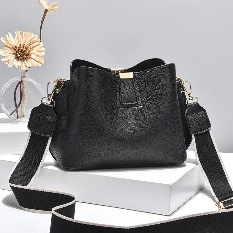 Summer ladies simple casual bucket bag new fashion single shoulder wide strap crossbody large capacity