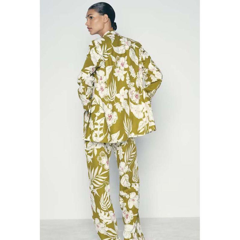 Zbzr Autumn New Women Clothes Western Style Fashion Linen Blend Flowers Print Blazers 8092711