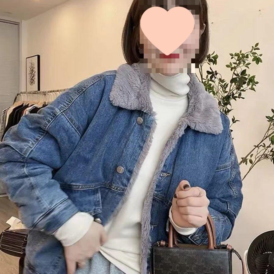 Hong Kong Style Women's Loose Denim Jacket - New Year Edition Single-Breasted, Long Sleeve, Plus Velvet Thickened.