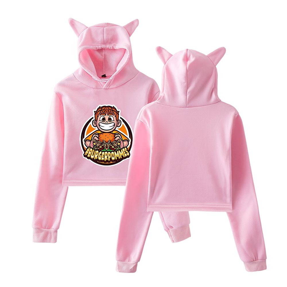 Icrimax Burgerpommes Pullover Girls Casual Cat Cropped Hoodies Female Long Sleeve Sweatshirts Crop Top Women's Hoodie Sexy Tops