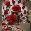 4-teiliges Badezimmer-Duschvorhang-Set Rote Rose Badezimmer-Vorhang mit 12 Haken Rutschfeste Teppiche WC-Deckelmatte Badezimmer-Trennwand