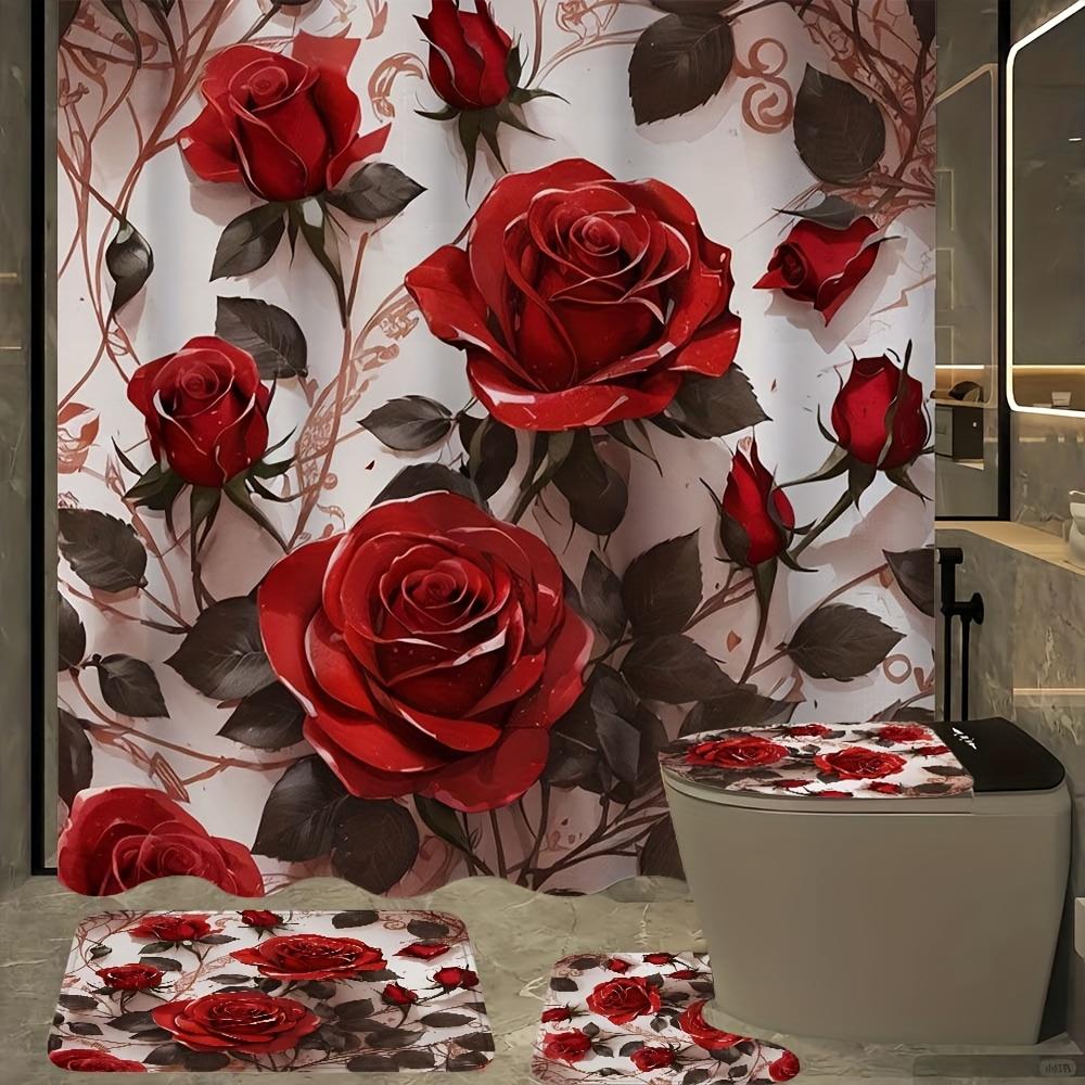 4-teiliges Badezimmer-Duschvorhang-Set Rote Rose Badezimmer-Vorhang mit 12 Haken Rutschfeste Teppiche WC-Deckelmatte Badezimmer-Trennwand