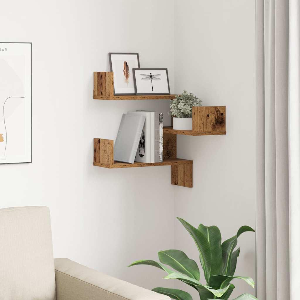 Vintage wooden corner shelf, creative design irregular wall shelf, artistic wall-mounted decorative storage rack, 40x40x49,5 cm