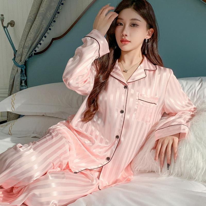 Women's Ice Silk Pajama Set Long Sleeve Long Pants Lightweight Sleepwear for Spring and Autumn Comfortable Homewear