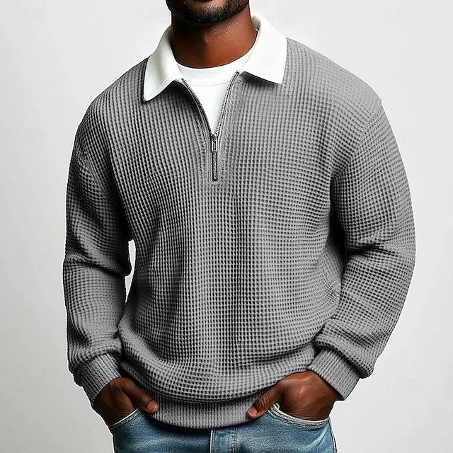 Men's Solid Big Waffle Knit Long Sleeve Polo Shirt, Lapel Zip Casual Sports Top for Autumn