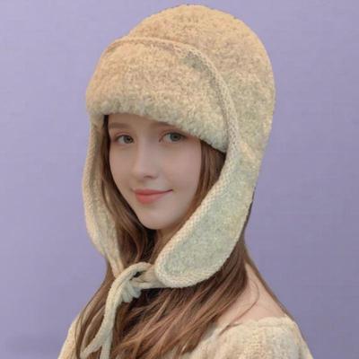 Chapeau Aviateur en Peluche Couleur Unie avec Oreillettes - Chaleur Hivernale avec Cordelette Tricotée à Nouer pour Grandes Tailles de Tête