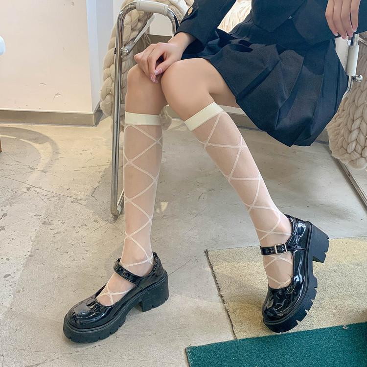 Spring Thin Ladies Black Jacquard Love Calf Socks, Japanese Jk Style Knee Socks Lolita Silk