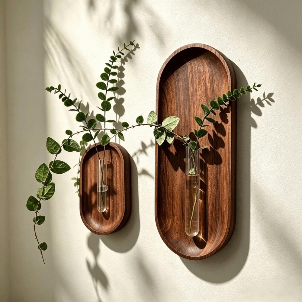 Minimalist Wall Hydroponic Vase Solid Wood Oval Tube Wall Vase Hanging Plant Panel Home Decor