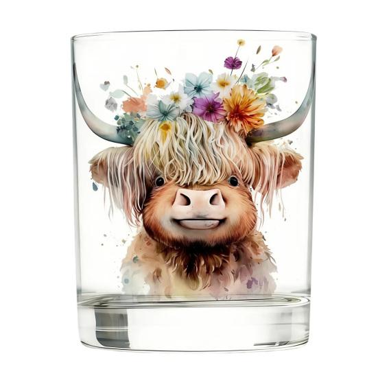 Bicchiere in Vetro Mucca delle Highlands, Bicchiere Termico Acquerello Floreale Dipinto a Mano, Tazza Trasparente per Latte Caffè Whiskey, Regalo per Amanti degli Animali