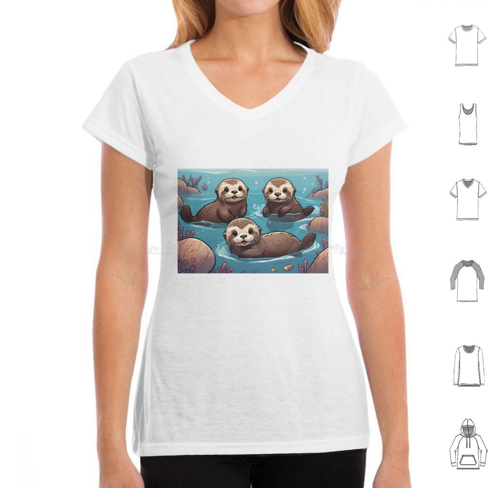 Playful Otters In The Ocean T Shirt Big Size 100 Cotton Otters Swimming Ocean Cute Adorable Family Joyful Playful Wildlife