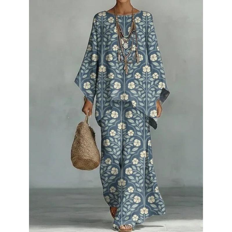1116 New Retro Bohemian Cashew Flower Set, Crew Neck Flared Sleeve Top + Two Pieces of Wide-leg Pants.