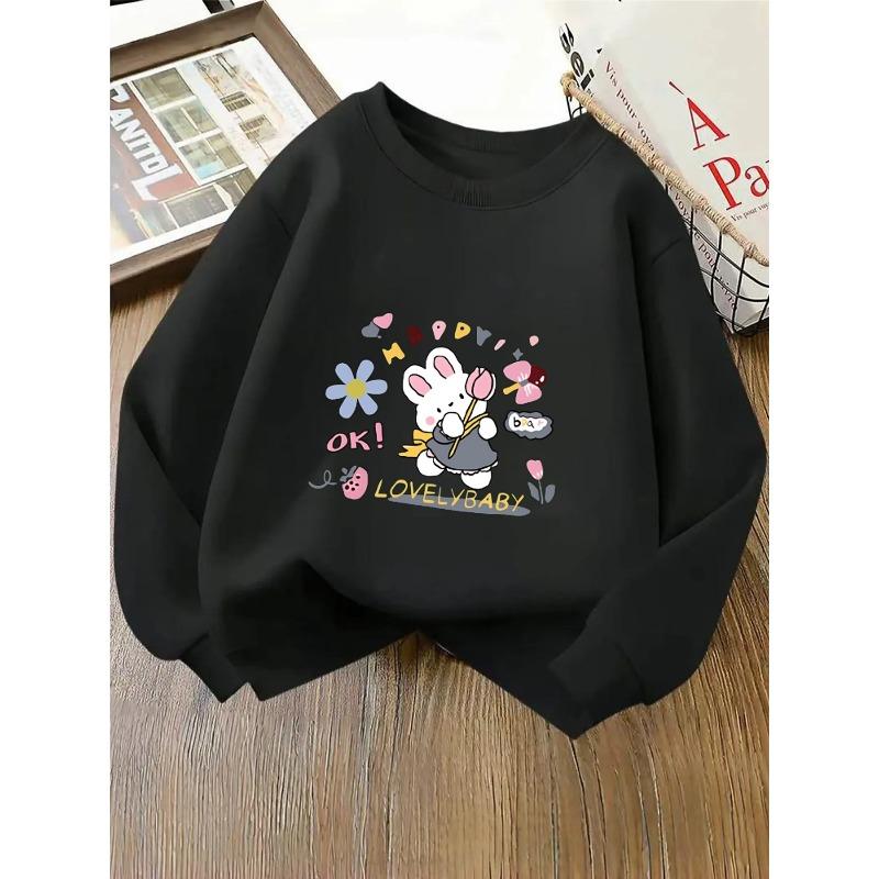 Crewneck Sweatshirt for Girls Featuring an Adorable Rabbit with a Flower, Suitable for Machine Washing. Perfect for Spring And Autumn