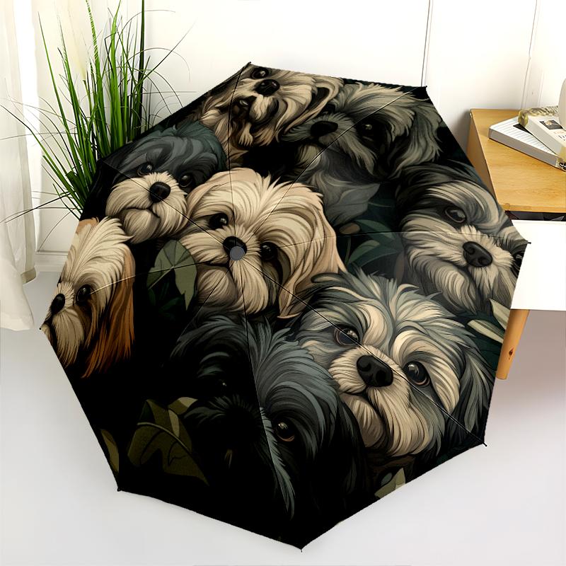 Shih Tzu and Fallen Leaves Pattern, Automatic Folding Umbrella, Portable and Foldable Design, 8 Ribs, a Christmas or Birthday Gift.
