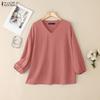 Camicetta casual da donna con maniche a 3/4 in tinta unita con scollo a V