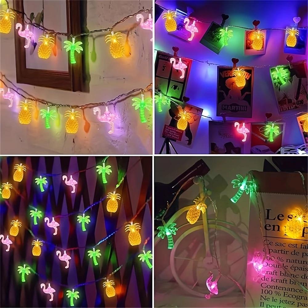 1pc LED Flamingo Pineapple Palm Tree String Lights Battery Operated for Home Garden Tropical Beach Hawaiian Holiday Party Decor less