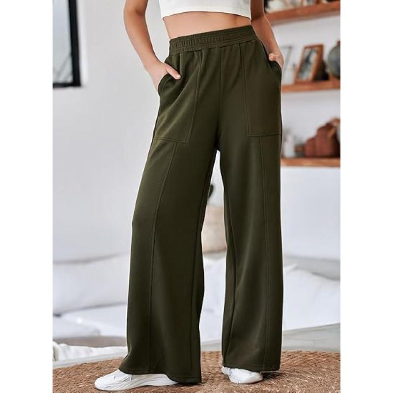 Womens High-Waisted Wide-Leg Casual Trousers Loose Fit Thick Winter Pant With Elastic Waist