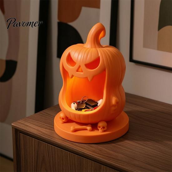 Festive Holiday Home Furnishings Halloween Pumpkin Candy Bowl, 3D Printed Storage Box with Skull Bone Decorative Base, Portable Trick or Treat Jewelry